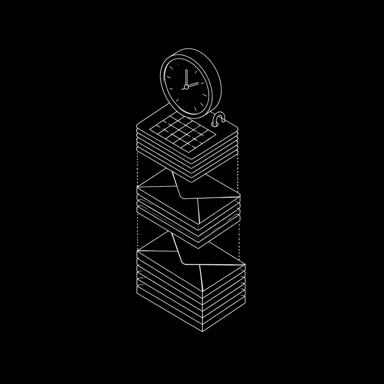Isometric line illustration of a clock on a calendar above stacks of email