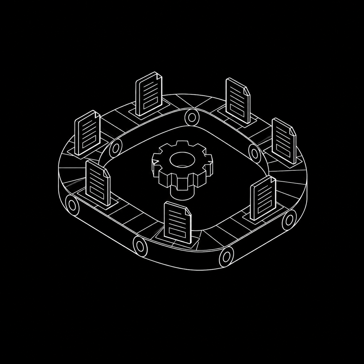 Isometric line illustration of documents on a loop circling a gear