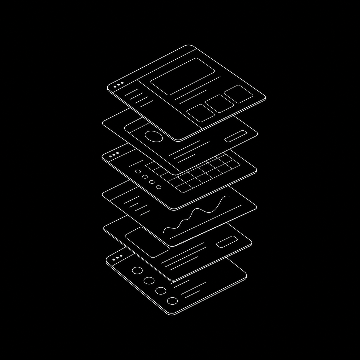 Isometric line illustration of stacked software screens