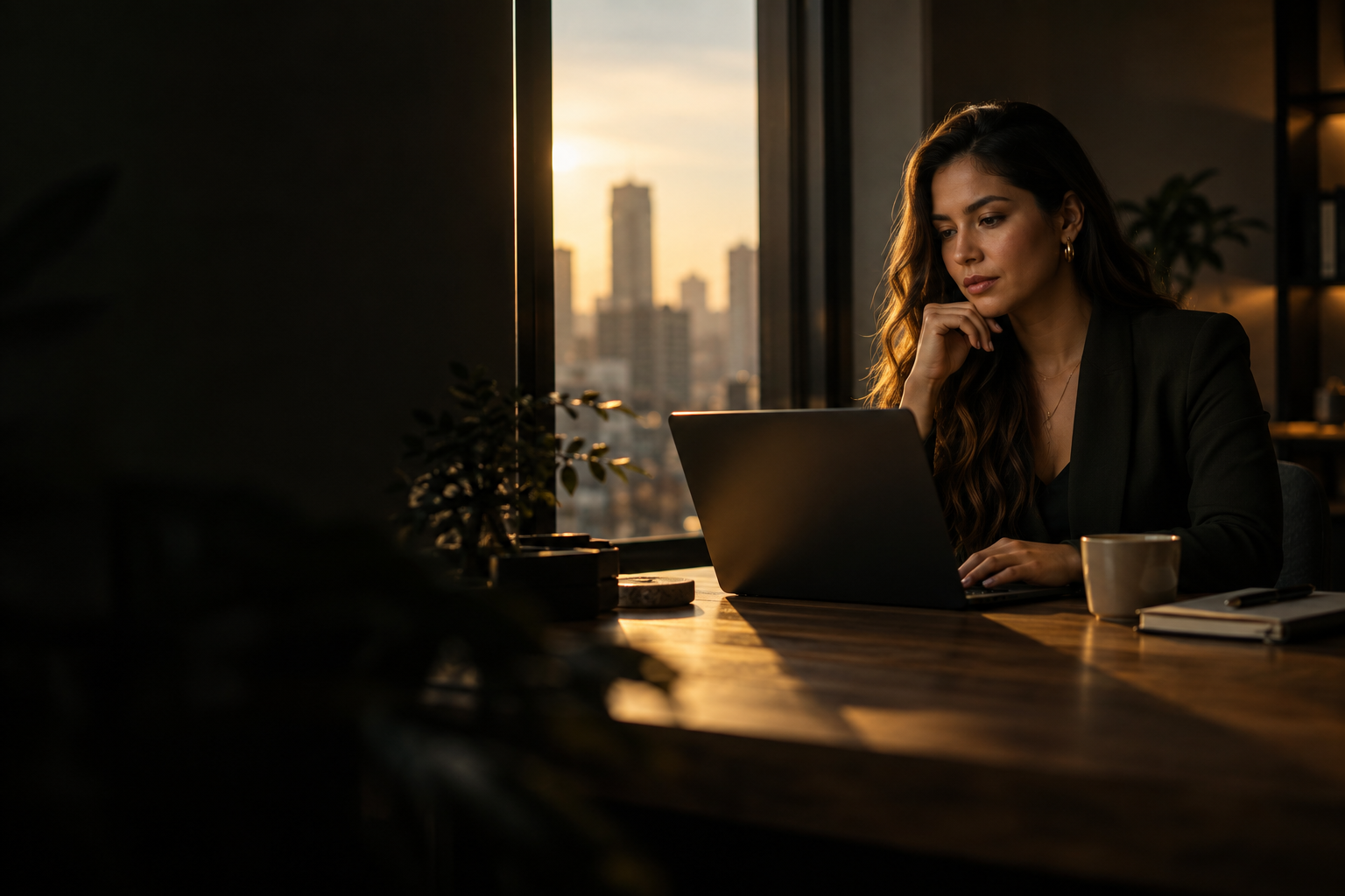 A LATAM professional working at her laptop by an office window at golden hour